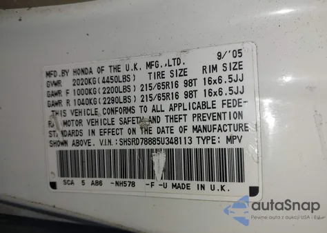 2005 Honda Cr-V Ex из США, поврежденный, VIN SHSRD78885U348113